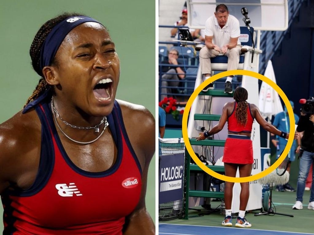 Coco Gauff erupts after winning the match and (right) her encounter with the umpire. Photos: Getty Images