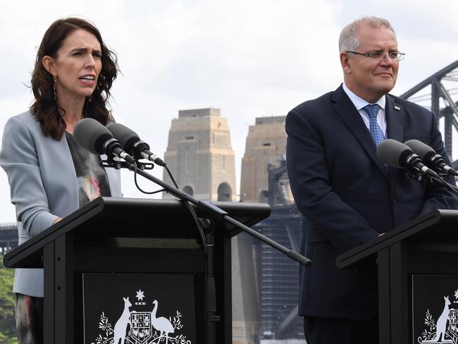 SYDNEY, AUSTRALIA - FEBRUARY 28: (L-R) New Zealand Prime Minister, Jacinda Ardern and Australian Prime Minster, Scott Morrison speak to media at a press conference held at Admiralty House on February 28, 2020 in Sydney, Australia. Ardern is in Australia for two days for the annual bilateral meetings with Australian Prime Minister Scott Morrison. (Photo by James D. Morgan/Getty Images)