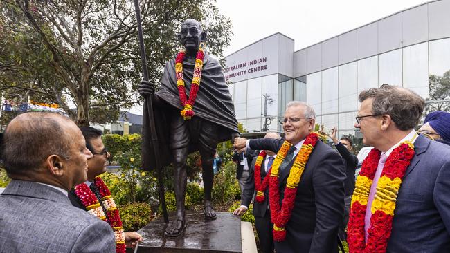 Prime Minister Scott Morrison at the unveiling of the Mahatma Gandhi statue at the Australian Indian Community Centre in Rowville. Picture: Daniel Pockett