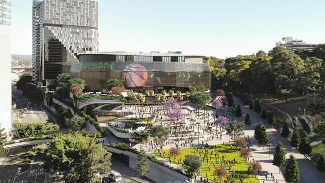 Artist’s impression of the Brisbane Live stadium above Roma Street train station.