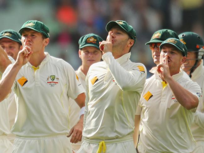 Peter Siddle, Michael Clarke and David Warner shush the Bramy Army during Australia’s 5-0 whitewash of England. Picture: Scott Barbour/Getty Images