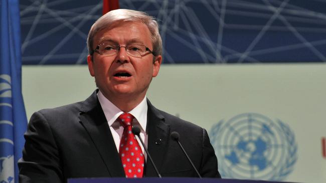 2009: Then-Prime Minister Kevin Rudd delivers a speech at the COP15 United Nations (UN) Climate Change Conference in Copenhagen.