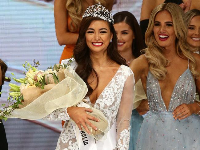 Francesca Hung was crowned as Miss Universe Australia in June 2018, with 2017 Miss Universe Australia Olivia Rogers. Picture: Andrew Tauber 