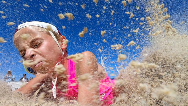 Freshwater nipper Harvey Glanville wins gold against North Cronulla’s Andy Greenwood during the final of the under-10 Male Flags event at the NSW Surf Life Saving Championships at Blacksmiths Beach on Friday, 28 February, 2020. Picture: Troy Snook