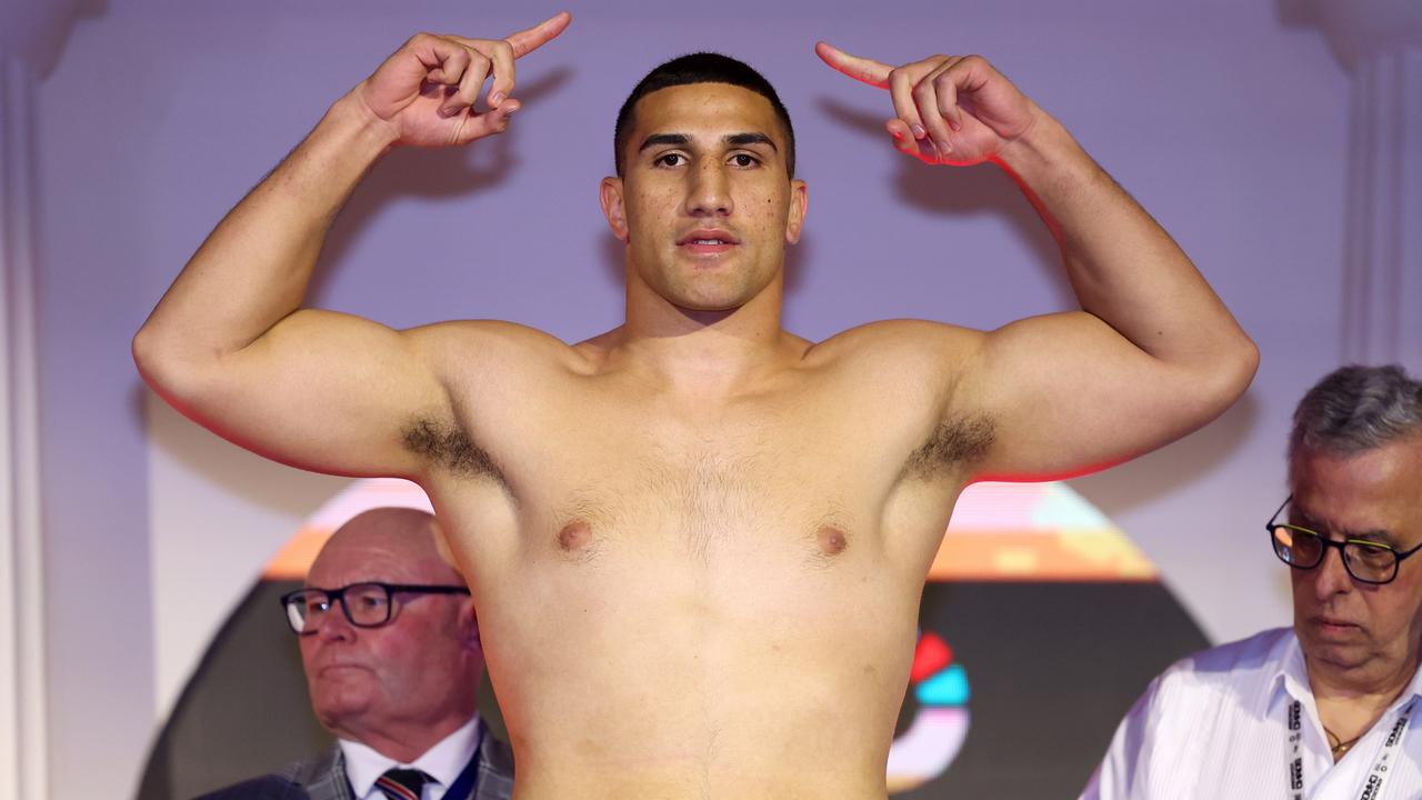 RIYADH, SAUDI ARABIA – MARCH 07: Justis Huni poses for a photo as he weights in ahead of his 'Knockout Chaos' heavyweight fight against Kevin Lerena at Greece in Boulevard World on March 07, 2024 in Riyadh, Saudi Arabia. (Photo by Richard Pelham/Getty Images)