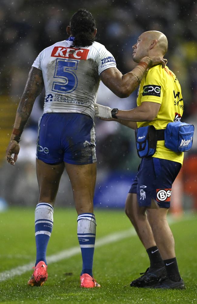 Josh Addo-Carr was forced off the field with a hamstring injury. Picture: NRL Imagery