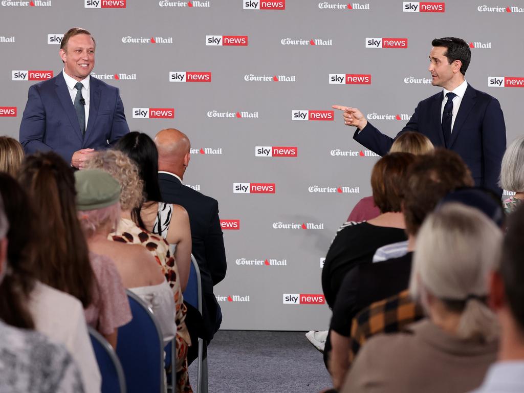 Premier Steven Miles and Opposition Leader David Crisafulli went head to head in the final election debate in front of 100 undecided voters at Suncorp Stadium. Picture: Adam Head