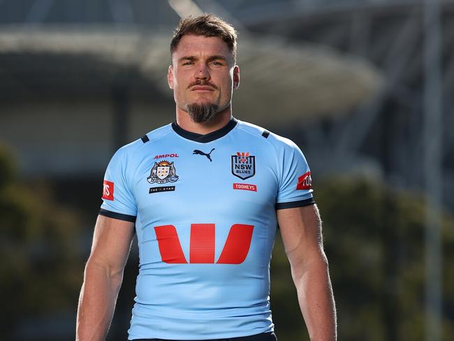 SYDNEY, AUSTRALIA - MAY 28: Angus Crichton of the Blues poses during a New South Wales Blues State of Origin media opportunity at NSWRL Centre of Excellence on May 28, 2024 in Sydney, Australia. (Photo by Matt King/Getty Images)