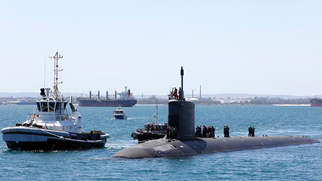 The US Navy Virginia-class submarine USS Mississippi arrives at Fleet Base West at Rockingham, Perth. US and British nuclear-powered submarines will begin operating from Western Australia from 2027.