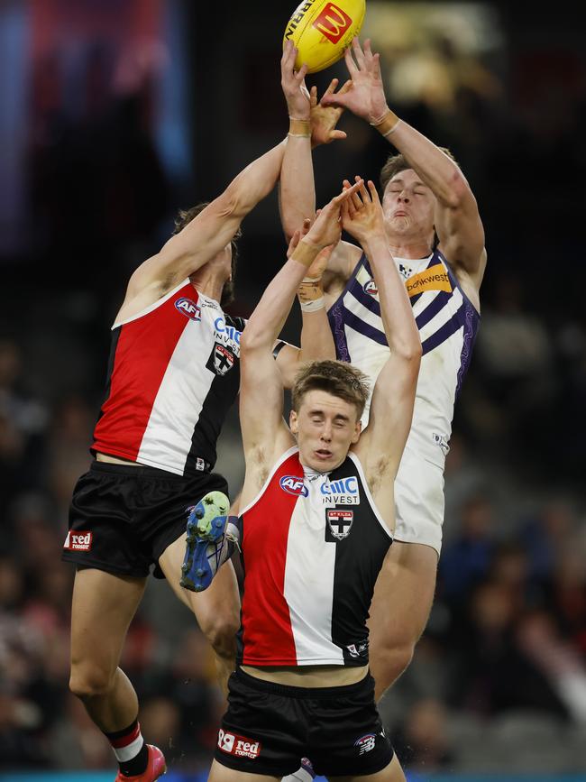 Jye Amiss flies on a dirty night for the Dockers. /Picture: Michael Klein