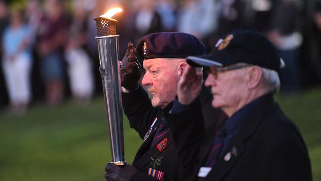 Anzac Day dawn service in Hervey Bay. (L) Toby Tidyman and Buster Crabb.