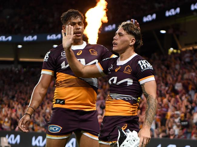 Reece Walsh, Selwyn Cobbo celebrate after scoring a try. Picture: NRL Imagery