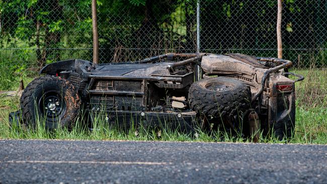 The crashed Honda ATV buggy on its side in a ditch on the side of Bees Creek Rd this morning. Picture: Che Chorley