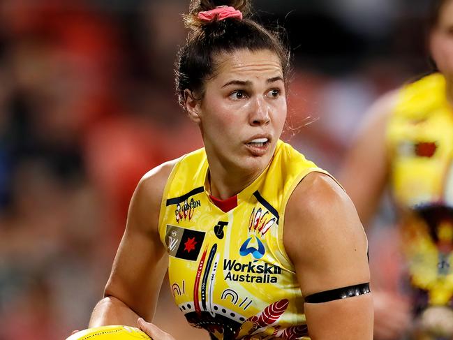 GOLD COAST, AUSTRALIA - NOVEMBER 18: Najwa Allen of the Crows in action during the 2022 S7 AFLW First Preliminary Final match between the Brisbane Lions and the Adelaide Crows at Metricon Stadium on November 18, 2022 in the Gold Coast, Australia. (Photo by Dylan Burns/AFL Photos via Getty Images)