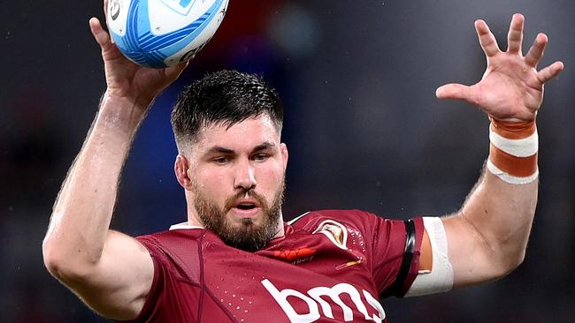 BRISBANE, AUSTRALIA - FEBRUARY 24: Liam Wright of the Reds compete at the lineout during the round one Super Rugby Pacific match between Queensland Reds and NSW Waratahs at Suncorp Stadium, on February 24, 2024, in Brisbane, Australia.  (Photo by Bradley Kanaris/Getty Images)