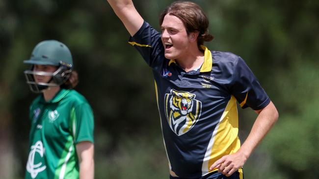 VSDCA 2021-22: Croydon v Balwyn - Croydon Park, Croydon.  Harry Dixon of Balwyn bowling celebrates his wicket.February 5, Melbourne. Picture : Georg Sal