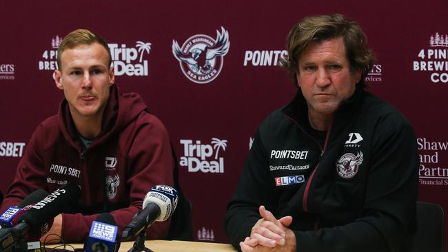 Manly coach Des Hasler, right, issued an apology for the club’s “significant mistake” in the Pride jersey fiasco. Picture: NCA Newswire / Gaye Gerard