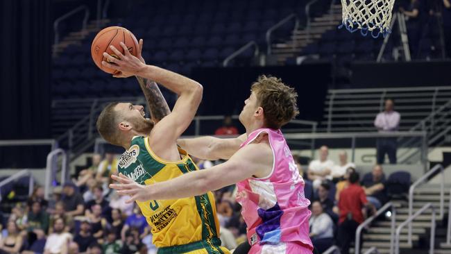 Jack McVeigh puts up a shot against the Breakers. Picture: Russell Freeman/Getty Images for NBL