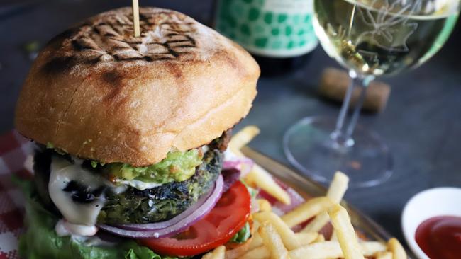 The Winery’s quinoa burger and Unico Zelo Wines. Picture: Jenifer Jagielski