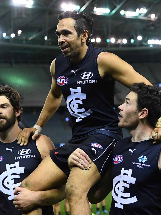 Eddie Betts is chaired off the field again at Carlton. Picture: Getty Images)