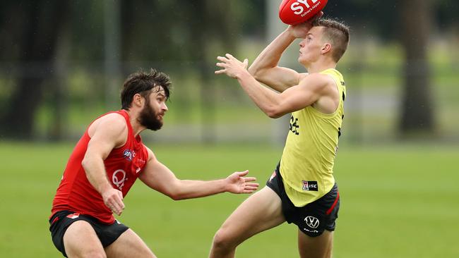 Brady Rowles (right) training at Sydney. Picture: Brendon Thorne