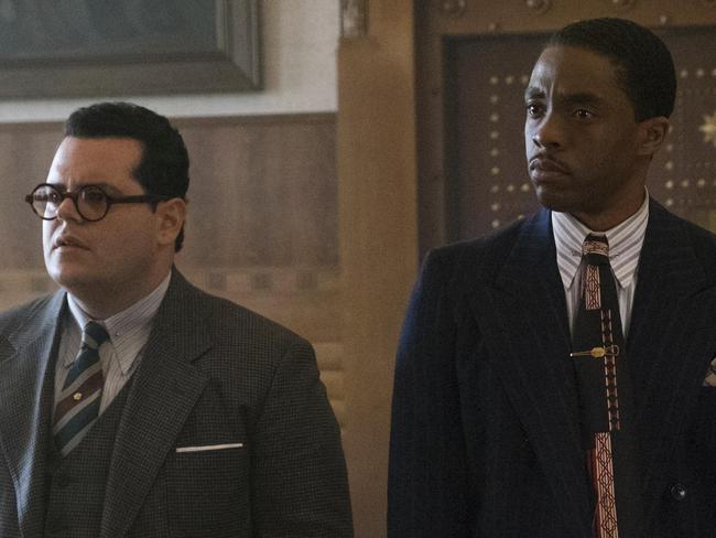 This image released by Open Road Films shows, from left, Josh Gad, Chadwick Boseman and Sterling K. Brown in a scene from "Marshall." (Barry Wetcher/Open Road Films via AP) ORG XMIT: NYET628