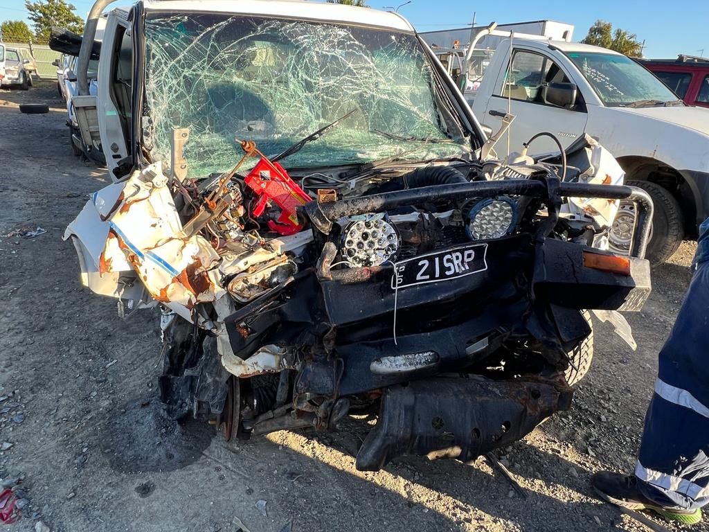 Shannon Pacher's Holden Rodeo following a crash along Hay Point Rd on June 5, 2022. Dean Anthony Thompson was drink-driving when he crashed into Mr Pacher's vehicle. Picture: Contributed