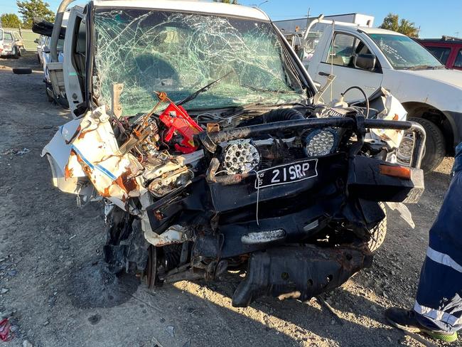 Shannon Pacher's Holden Rodeo following a crash along Hay Point Rd on June 5, 2022. Dean Anthony Thompson was drink-driving when he crashed into Mr Pacher's vehicle. Picture: Contributed