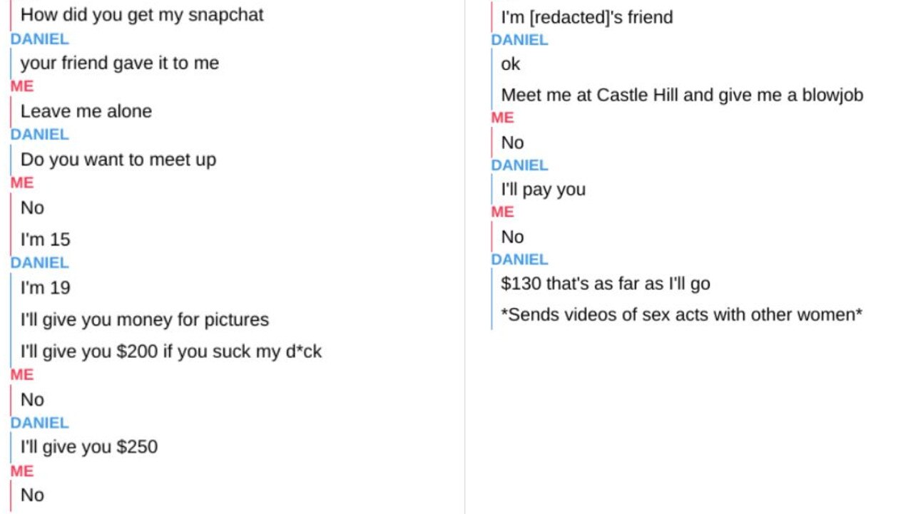 Snapchat conversations Nohra had with two separate victims. Pictures: Mockups