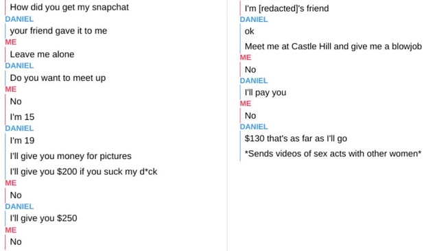 Snapchat conversations Nohra had with two separate victims. Pictures: Mockups