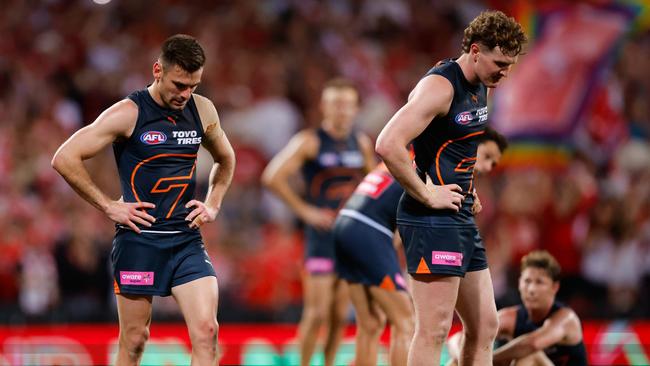 SYDNEY, AUSTRALIA - SEPTEMBER 07: Stephen Coniglio of the Giants looks dejected after a loss during the 2024 AFL First Qualifying Final match between the Sydney Swans and the GWS GIANTS at The Sydney Cricket Ground on September 07, 2024 in Sydney, Australia. (Photo by Dylan Burns/AFL Photos via Getty Images)