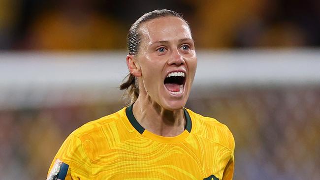 BRISBANE, AUSTRALIA - JULY 27: Emily Van-Egmond of Australia celebrates after scoring her team's first goal during the FIFA Women's World Cup Australia & New Zealand 2023 Group B match between Australia and Nigeria at Brisbane Stadium on July 27, 2023 in Brisbane / Meaanjin, Australia. (Photo by Elsa - FIFA/FIFA via Getty Images)