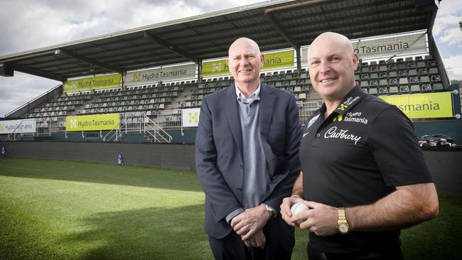 Hydro Tasmania CEO Ian Brooksbank and Cricket Tasmania CEO Dominic Baker at Blundstone Arena. Picture: Chris Kidd