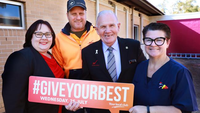 L-R Blacktown Workers Club Marketing Manager Tracey Russell, Welfare Officer Harold Becher, groundsman Geoff Cooke and Mt Druitt Hospital's palliative care ward Nursing Unit Manager Trish Dalgleish pose for photographs at the Mt Druitt Hospital's palliative care ward entrance in Mount Druitt.  Mount Druitt, Monday, July 16th 2018. Blacktown Workers club staff will revamp Mt Druitt Hospital's palliative care ward with a backyard blitz of its front entrance. (AAP Image / Angelo Velardo)