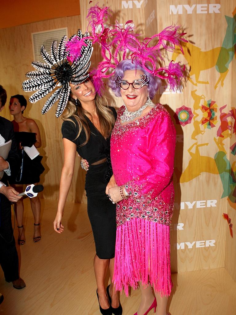 2010: Jennifer Hawkins and Dame Edna host Derby Day at Flemington Racecourse. Picture: News Corp