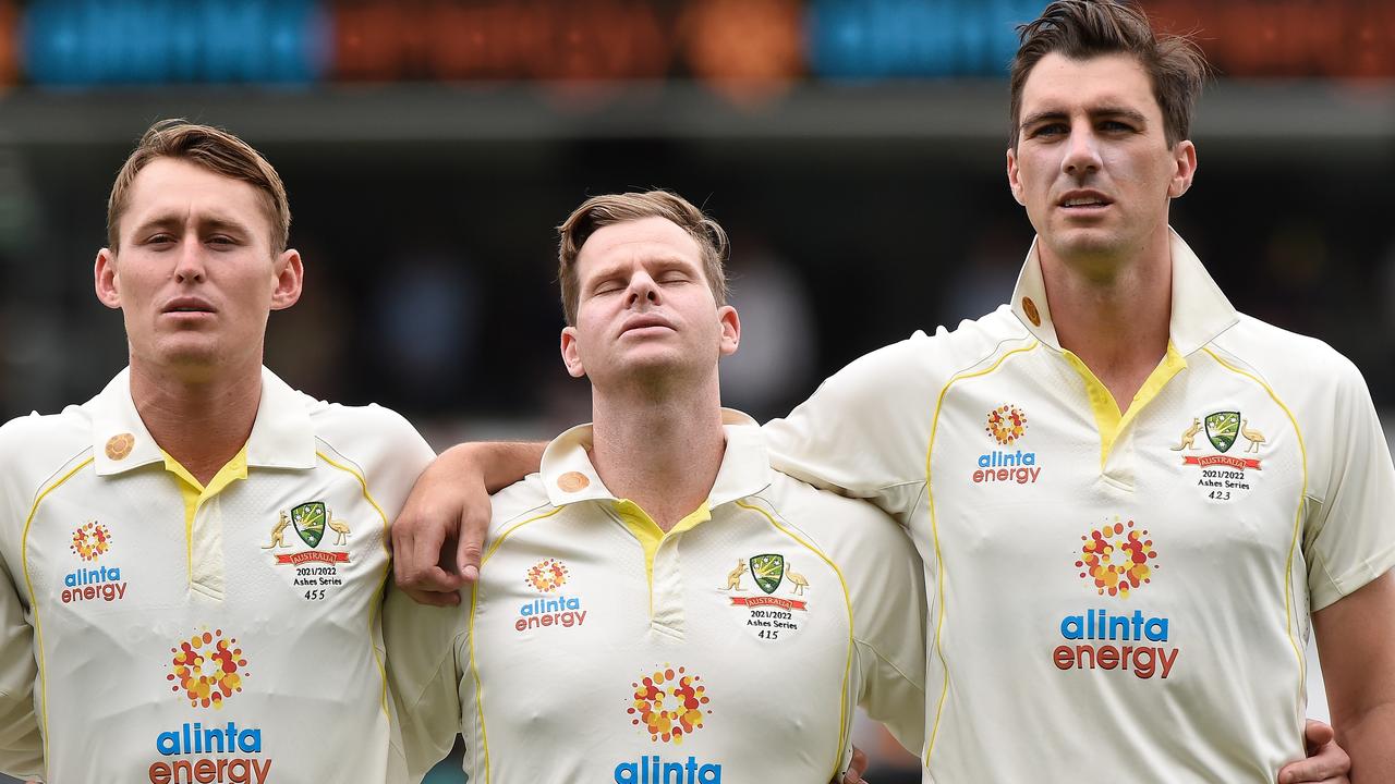 Marnus Labuschagne, Steve Smith and Australian captain Pat Cummins. Photo by Matt Roberts – CA/Cricket Australia via Getty Images