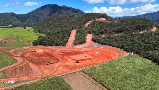 An aerial view of the Cairns Water Security Project Stage One construction site, north of Gordonvale. The $472 million project will generate a new drinking water supply from the Mulgrave River once completed in 2026. Stage One of the project consists of an intake pipe at the Mulgrave River, a reservoir and water treatment facility on the site pictured, and a network of pipes connecting the project to the existing Cairns water grid. Picture Brendan Radke