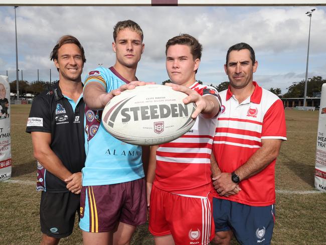 Langer Trophy schoolboy rugby league opponents Keebra Park coach Peter Norman with captain Jett Bryce, PBC captain Zane Harrison and coach Tim Maccan. Picture Glenn Hampson