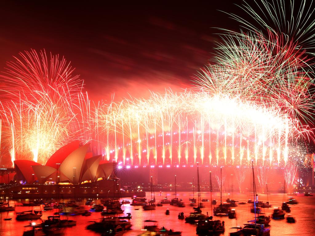 New Year's Eve midnight fireworks over Sydney Harbour as seen from Mrs Macquarie's Chair. Picture: Jonathan Ng