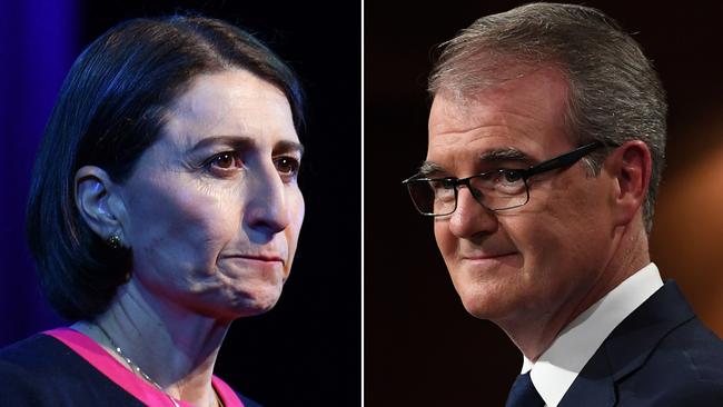 NSW Premier Gladys Berejiklian, left, at the Liberal campaign launch at Penrith and Labor leader Michael Daley speaks during the Labor election campaign launch in Revesby.