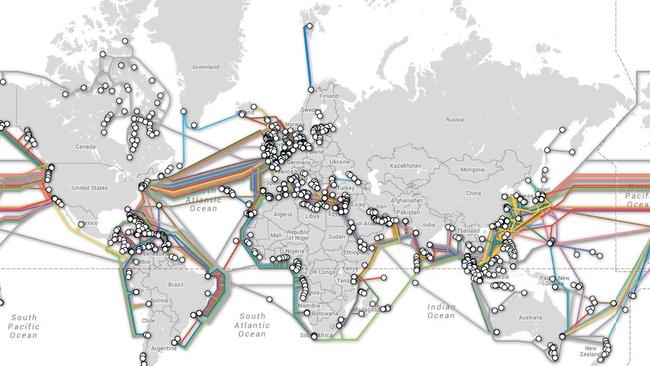 The TeleGeograph’s submarine cable map, a free resource that shows the world’s known internet cables. Picture: Submarinecablemap.com