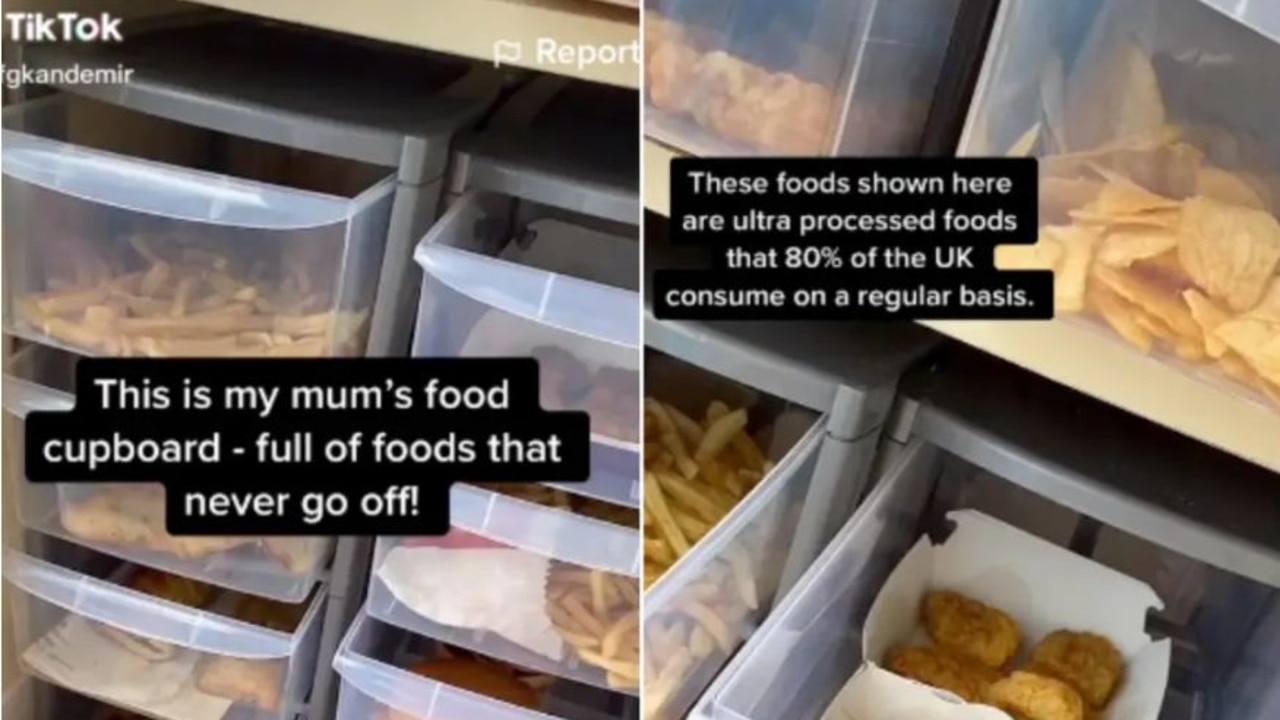A viral TikTok of Elif Kandemir's pantry filled with two-year-old junk food. Picture: TikTok/ElifKandemir