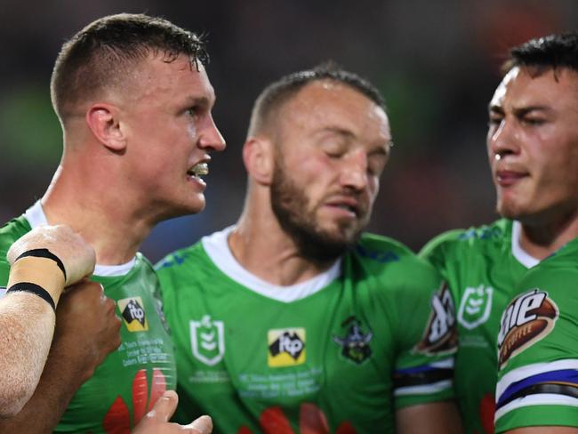 Jack Wighton of the Raiders celebrates scoring a try during the 2019 NRL Grand Final between the Canberra Raiders and the Sydney Roosters at ANZ Stadium in Sydney, Sunday, October 6, 2019. (AAP Image/Dean Lewins) NO ARCHIVING, EDITORIAL USE ONLY