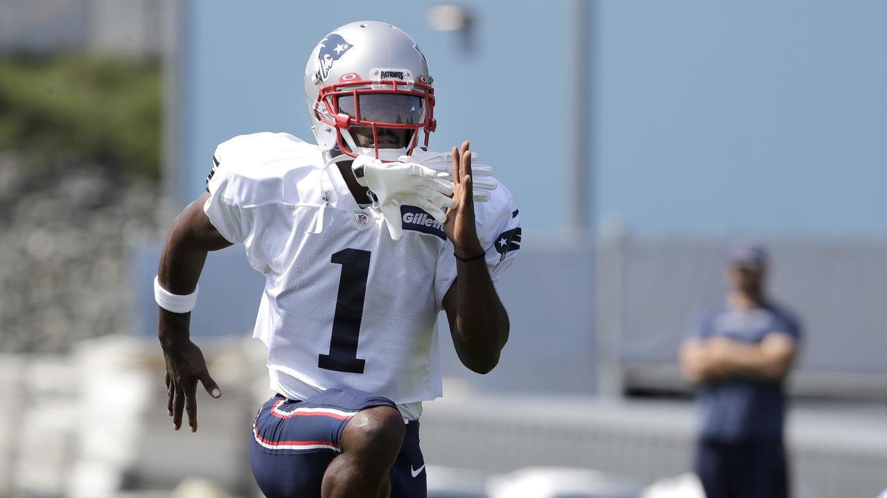 New England Patriots wide receiver Antonio Brown works out during NFL football practice.
