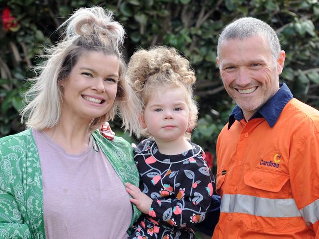 Chelsea Heights mum Chloe Tuff and her 2 year-old daughter Amelia reunite with council worker Scott Walker who, earlier this year, preformed CPR on Amelia and possibly saved her life. Picture: Andrew Henshaw