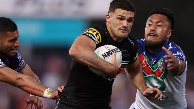 PENRITH, AUSTRALIA - SEPTEMBER 09:  Nathan Cleary of the Panthers is tackled during the NRL Qualifying Final match between Penrith Panthers and New Zealand Warriors at BlueBet Stadium on September 09, 2023 in Penrith, Australia. (Photo by Matt King/Getty Images)