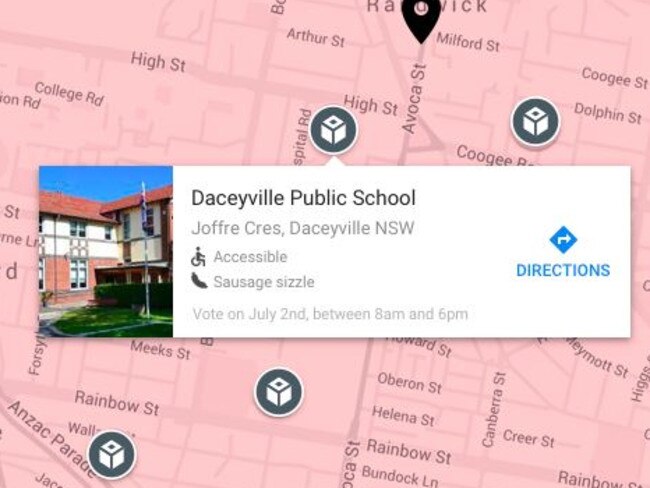 Users can see the polling booths located on the map, with a NSW school listed as having a sausage sizzle in the electorate of Kingsford-Smith. Picture: Supplied