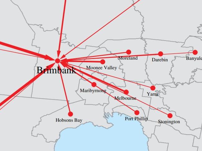 A network visualization of commuters intoBrimbank, where Cedar Creek Meatworks is located, during the period spanning April 21 to April 27 2020 (arrow width is proportional to commuter numbers).