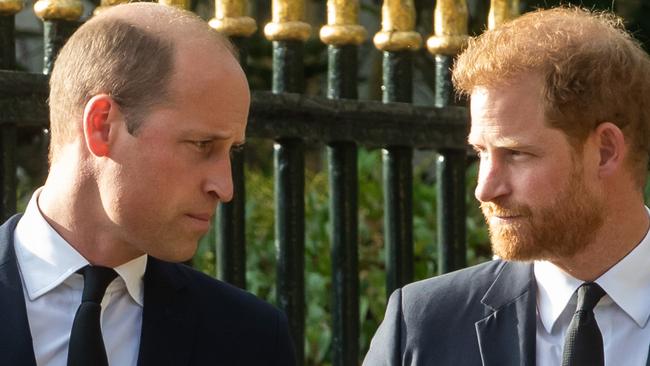 Prince William, the new Prince of Wales, and Prince Harry, the Duke of Sussex, arrive to view floral tributes to Queen Elizabeth II laid outside Cambridge Gate at Windsor Castle on 10th September 2022 in Windsor, United Kingdom. Queen Elizabeth II, the UK's longest-serving monarch, died at Balmoral aged 96 on 8th September 2022 after a reign lasting 70 years. (photo by Mark Kerrison/In Pictures via Getty Images)