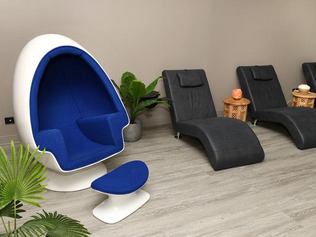 The Haven which is the relax room with massage chairs, meditation and percussion guns. Picture: Shae Beplate.